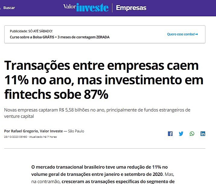 Transaes entre empresas caem 11% no ano, mas investimento em fintechs sobe 87%